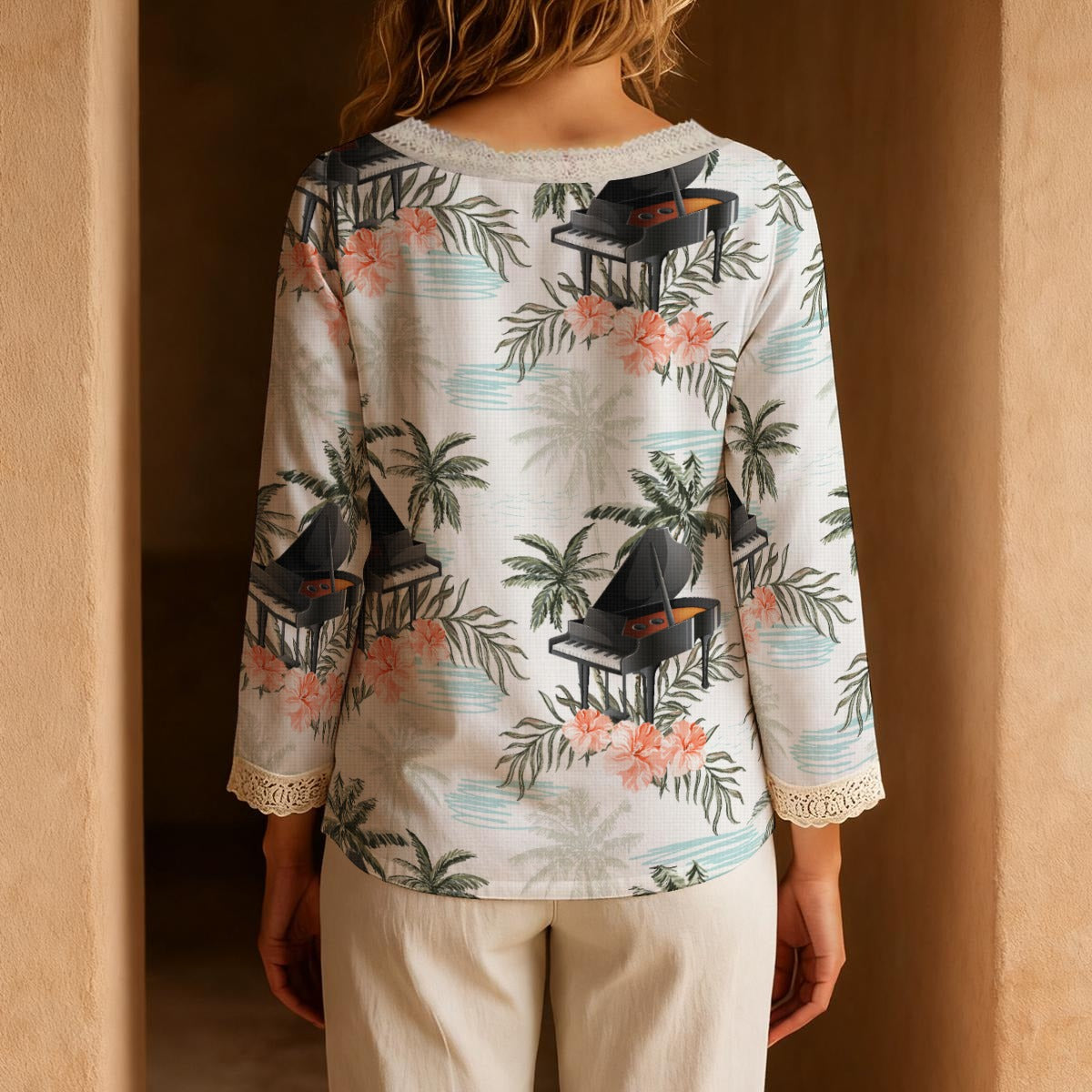 Grand Piano Long-Sleeve Boho Tie Neck Top