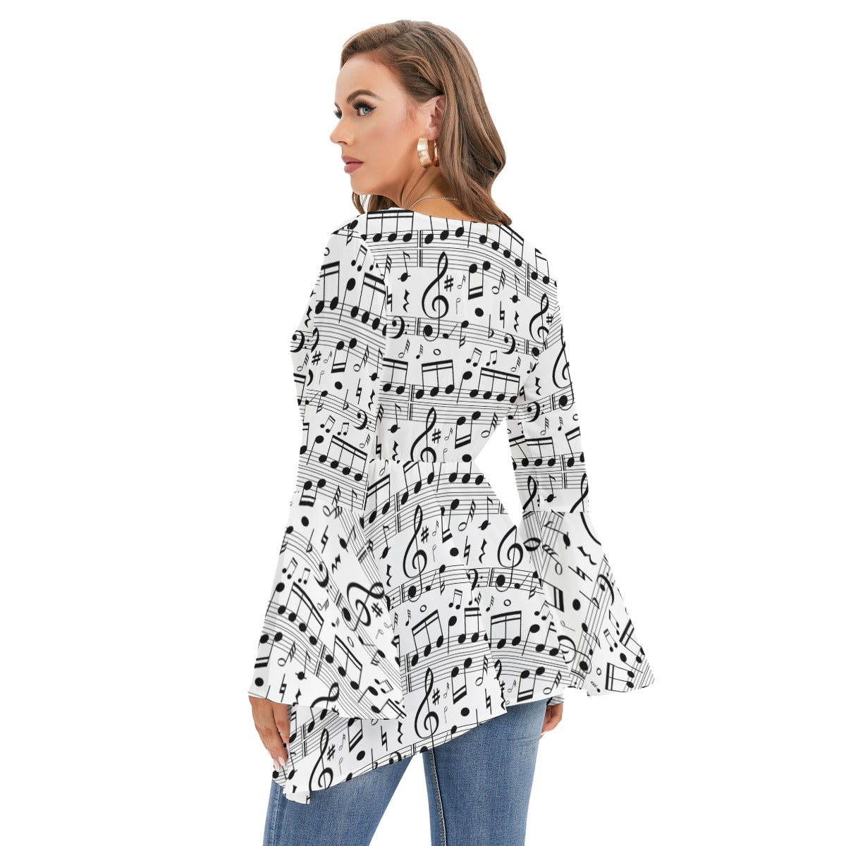 Music Scores V-neck Flared Sleeve Blouse