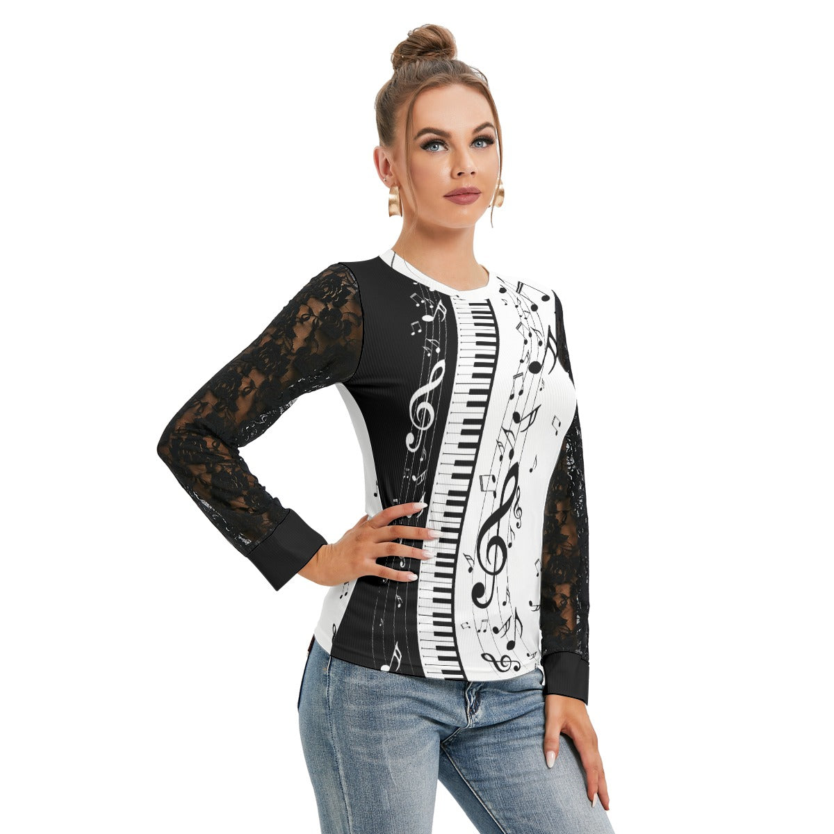 Piano Print Lace Sleeve Top