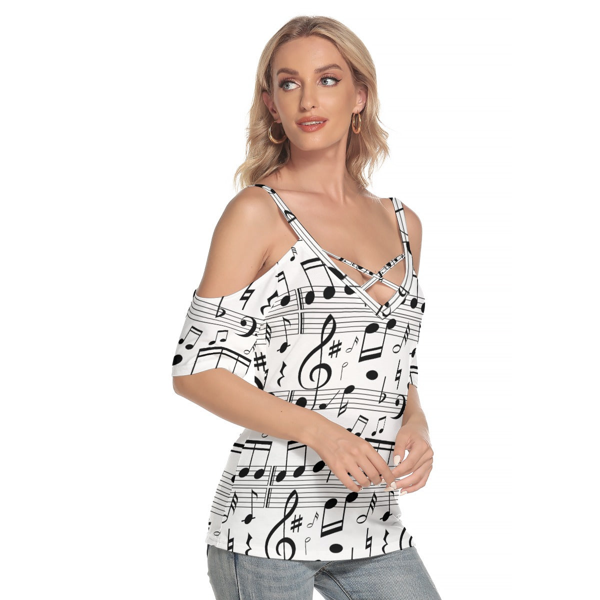 Music Scores Cold Shoulder Front Criss Cross Top
