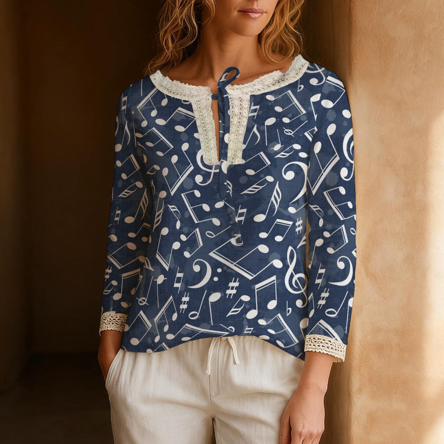 Music Blue Long-Sleeve Boho Tie Neck Top