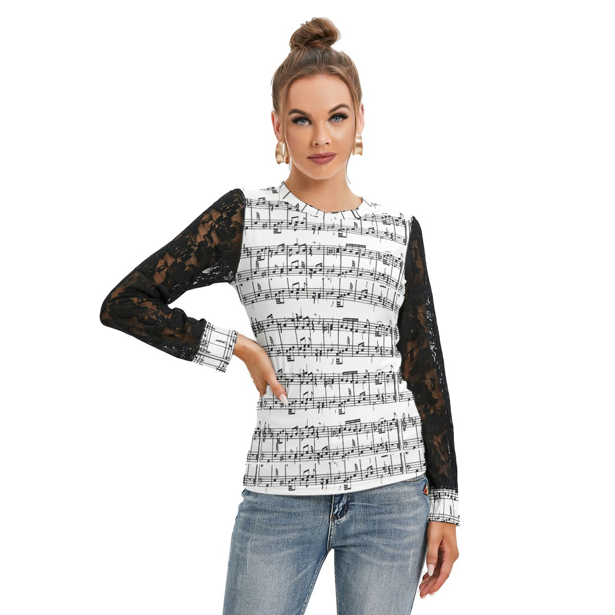 Music Scores Print Lace Sleeve Top