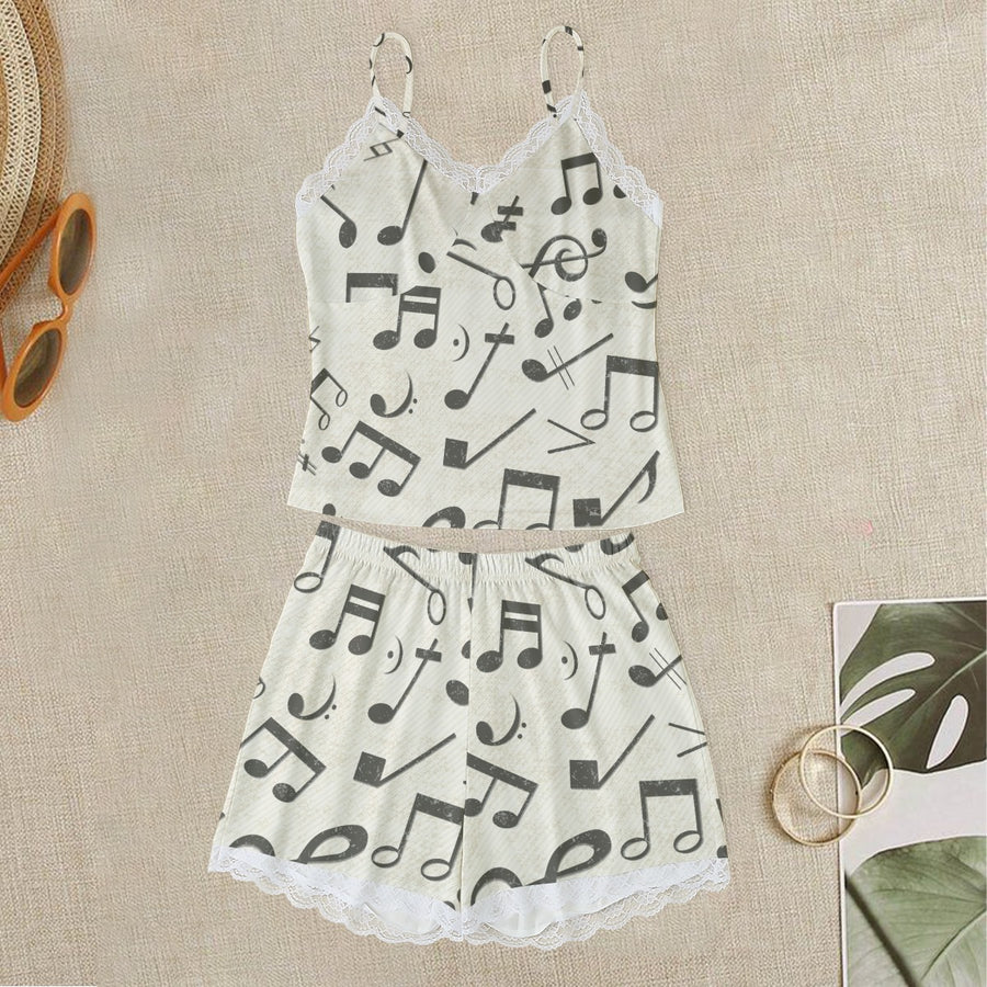 Beige Music Lace Cami Top & Shorts