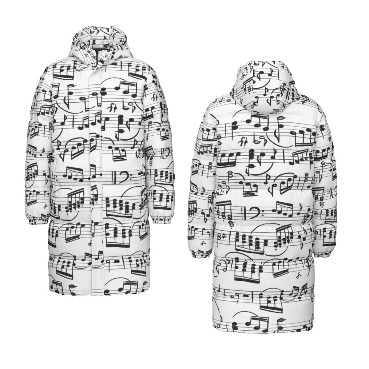 Music Print White Unisex Long Down Jacket