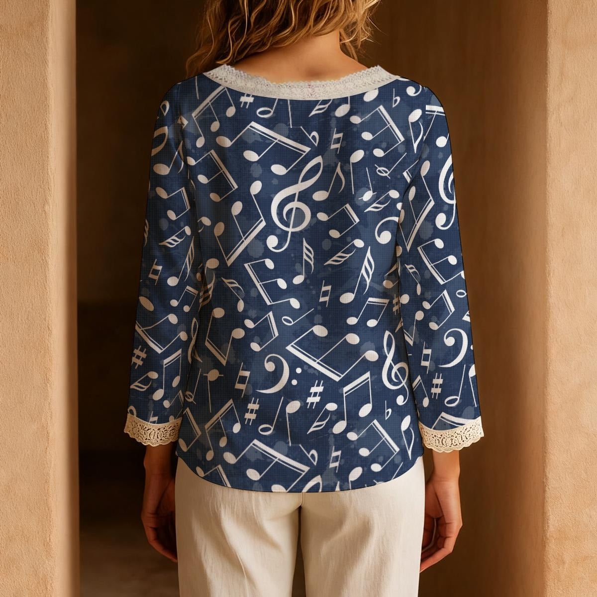 Music Blue Long-Sleeve Boho Tie Neck Top