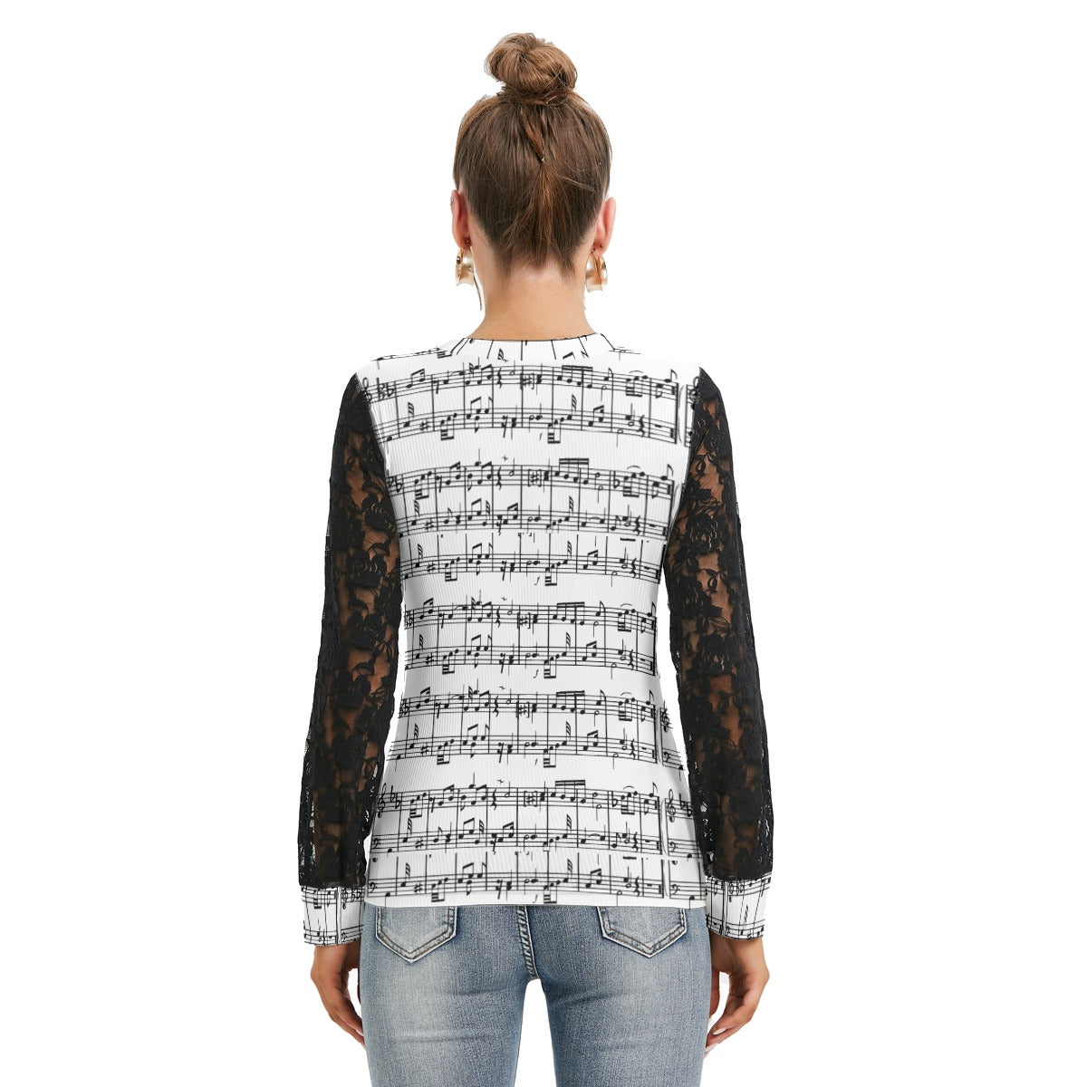 Music Scores Print Lace Sleeve Top