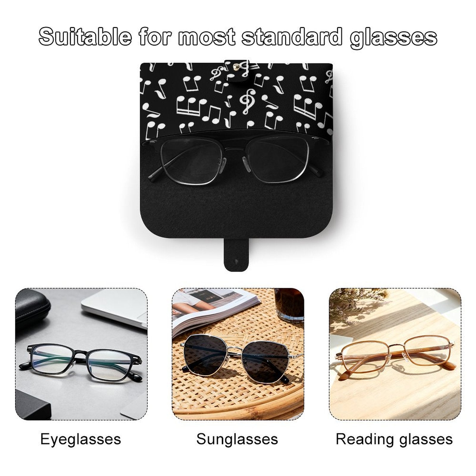 Music Notes Black PU Leather Glasses Case