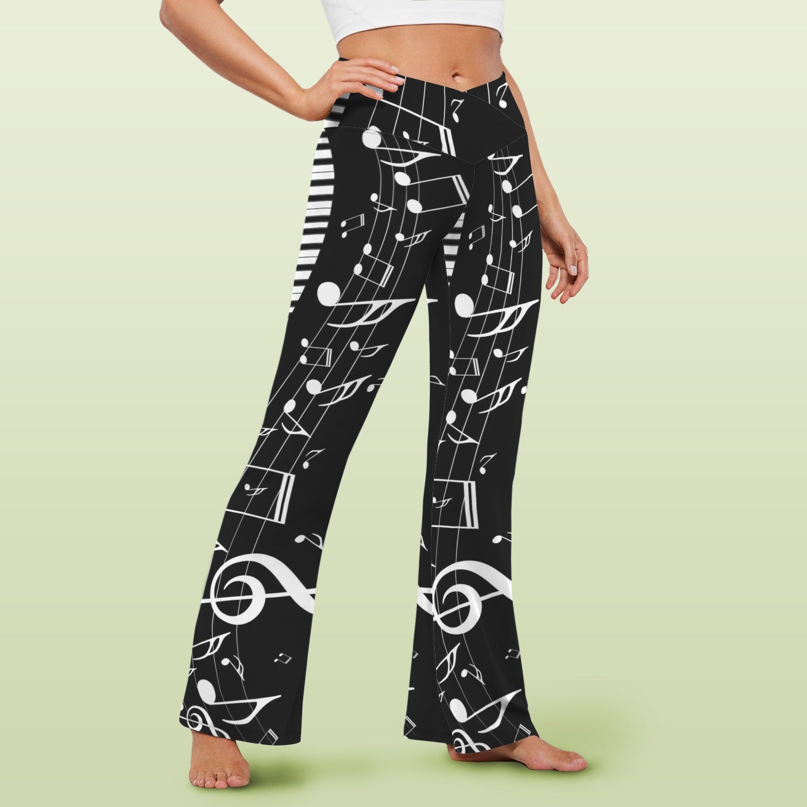 Music Piano Keys Black Crossover High Waist Flare Leggings