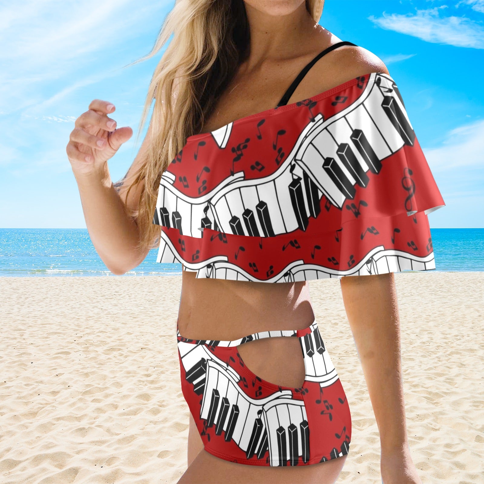 Red Spiral Piano Ruffle Off Shoulder Bikini
