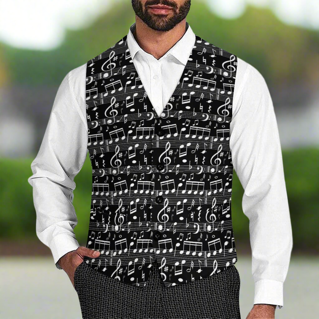 Men's Black & White Music Print Suit Vest - Artistic Pod Men's Black & White Music Print Suit Vest - Artistic Pod