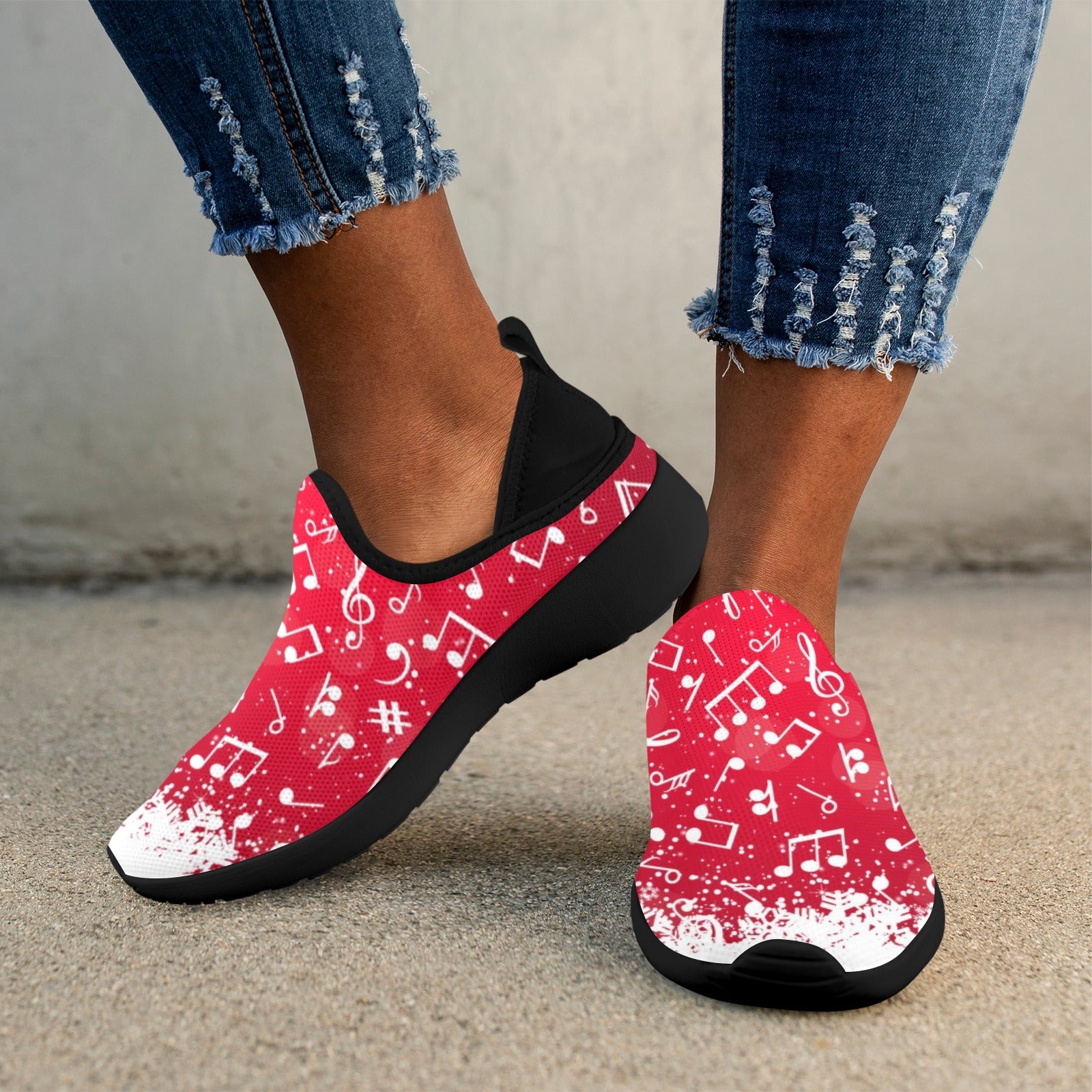Red Festive Music Fly Weave Women's Sneakers (Drop-in-Heel)