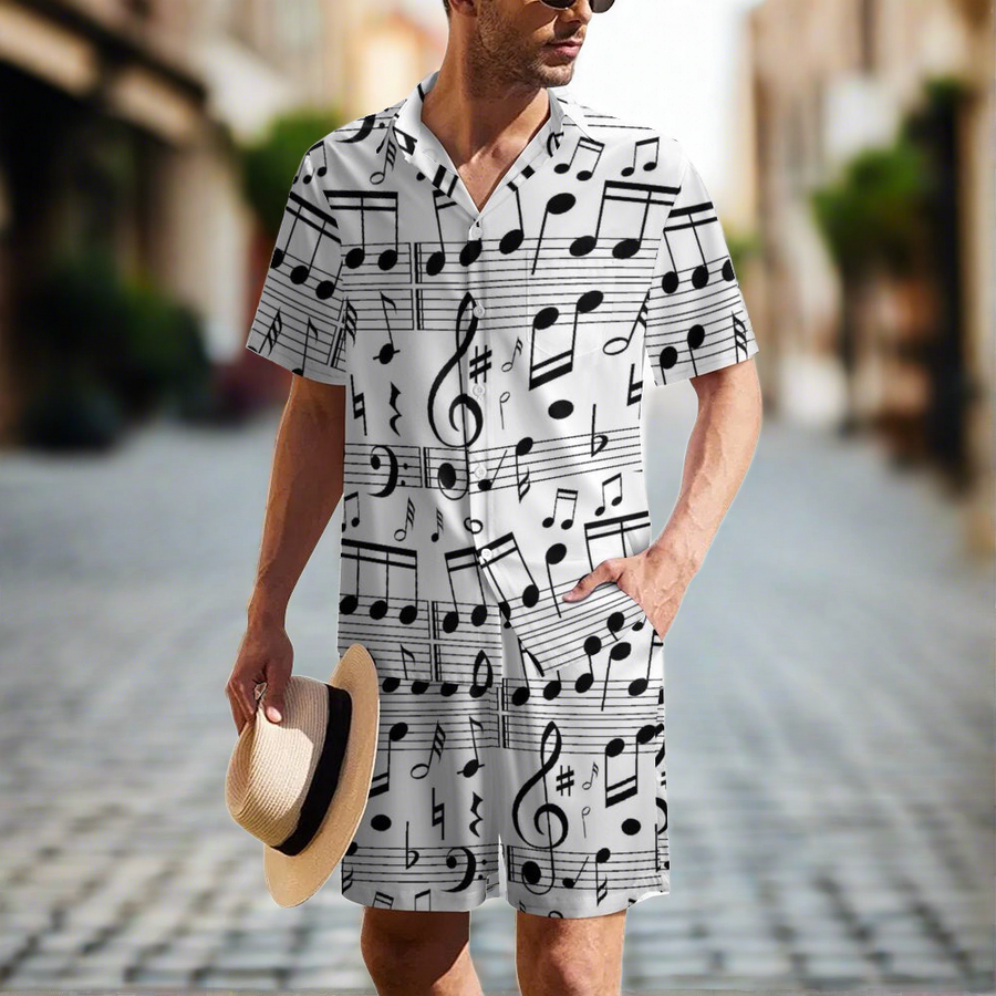 Men's Music Pattern Summer Shirt & Shorts Set