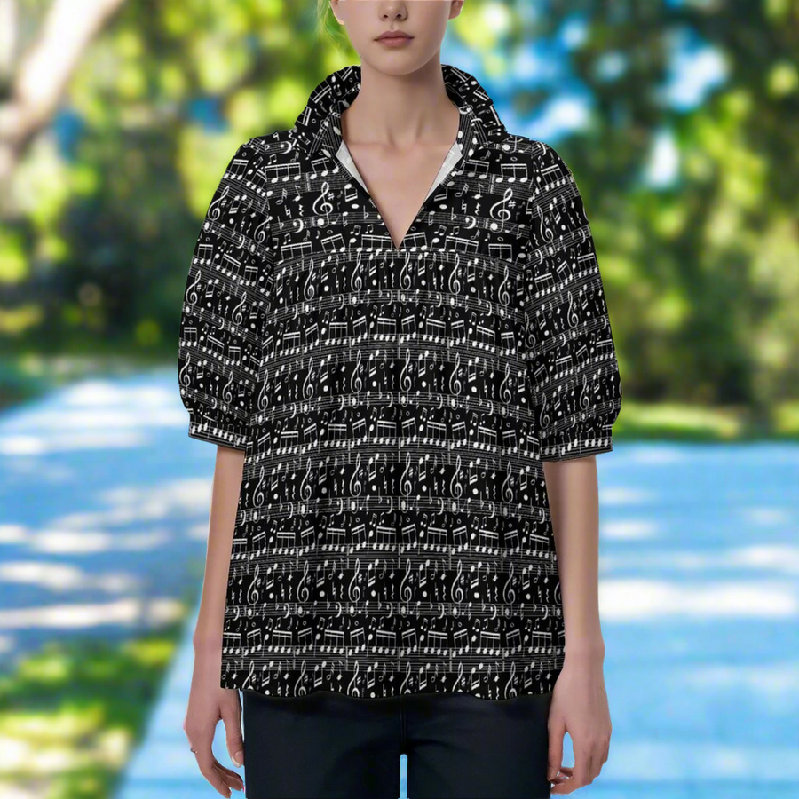 Music Pattern Black Ruffle Collar Blouse
