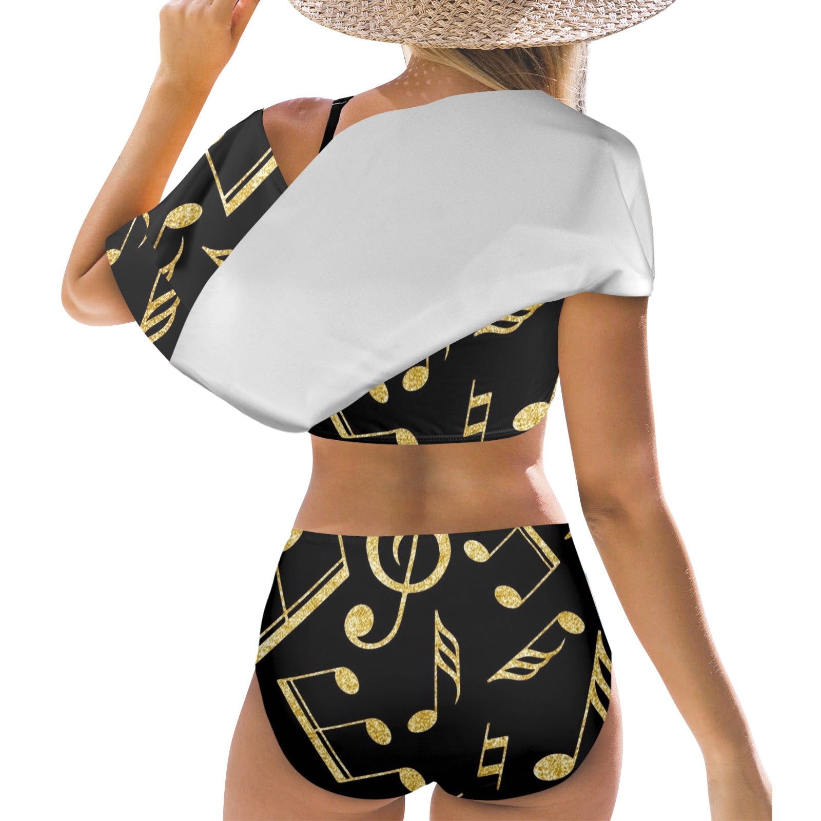 Golden Music Notes Ruffle Off Shoulder Bikini