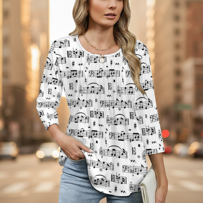 Music White Women's 3/4 Sleeve Pleated Tunic Top