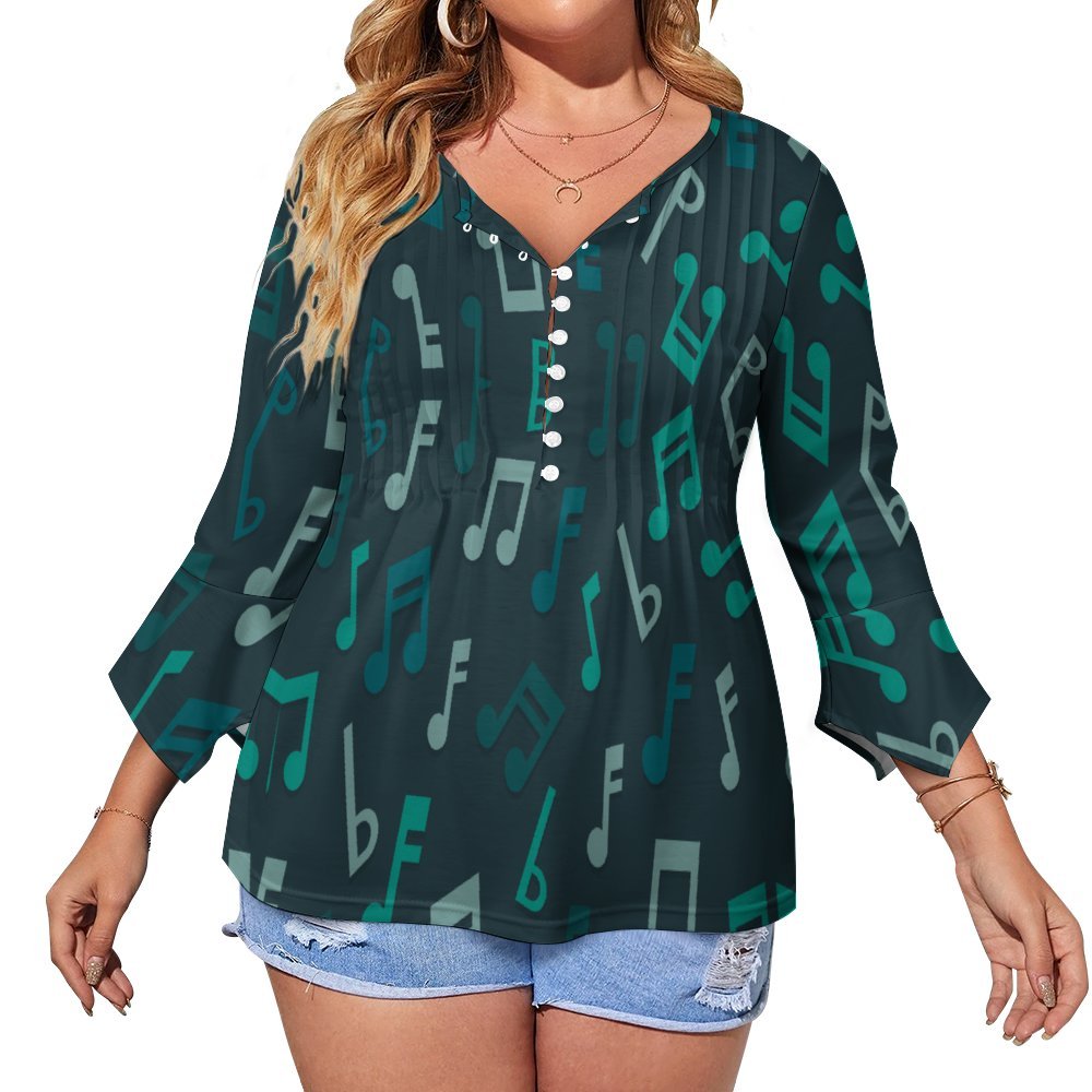 Green Music Button Up Ruffled Petal Sleeve Top