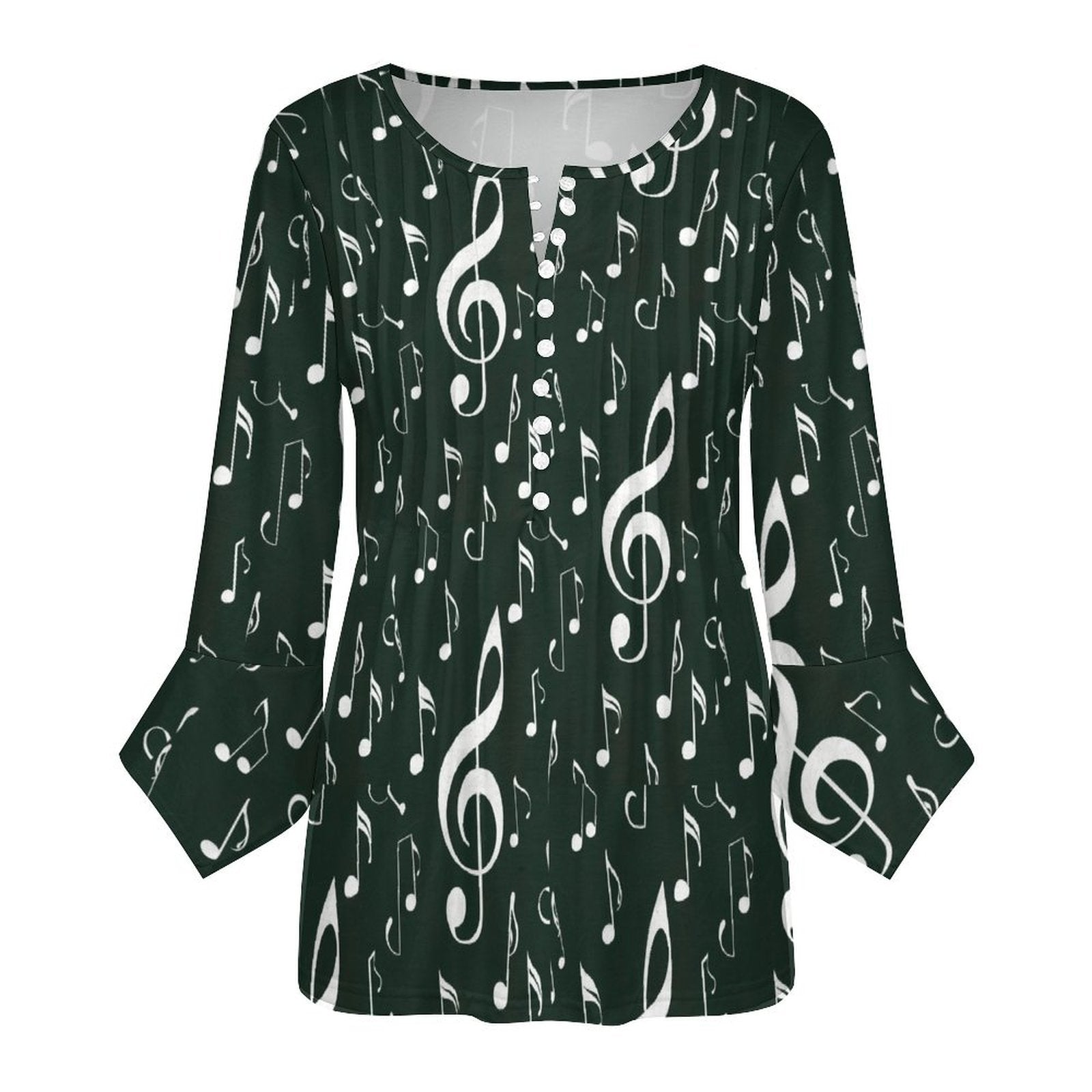 Green & White Music Button Up Ruffled Petal Sleeve Top