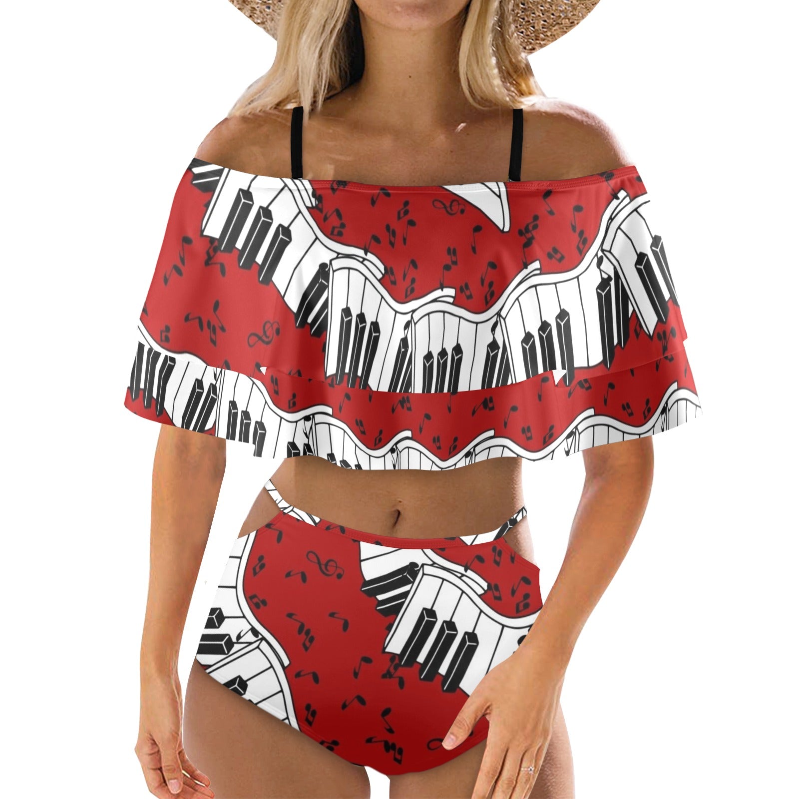 Red Spiral Piano Ruffle Off Shoulder Bikini
