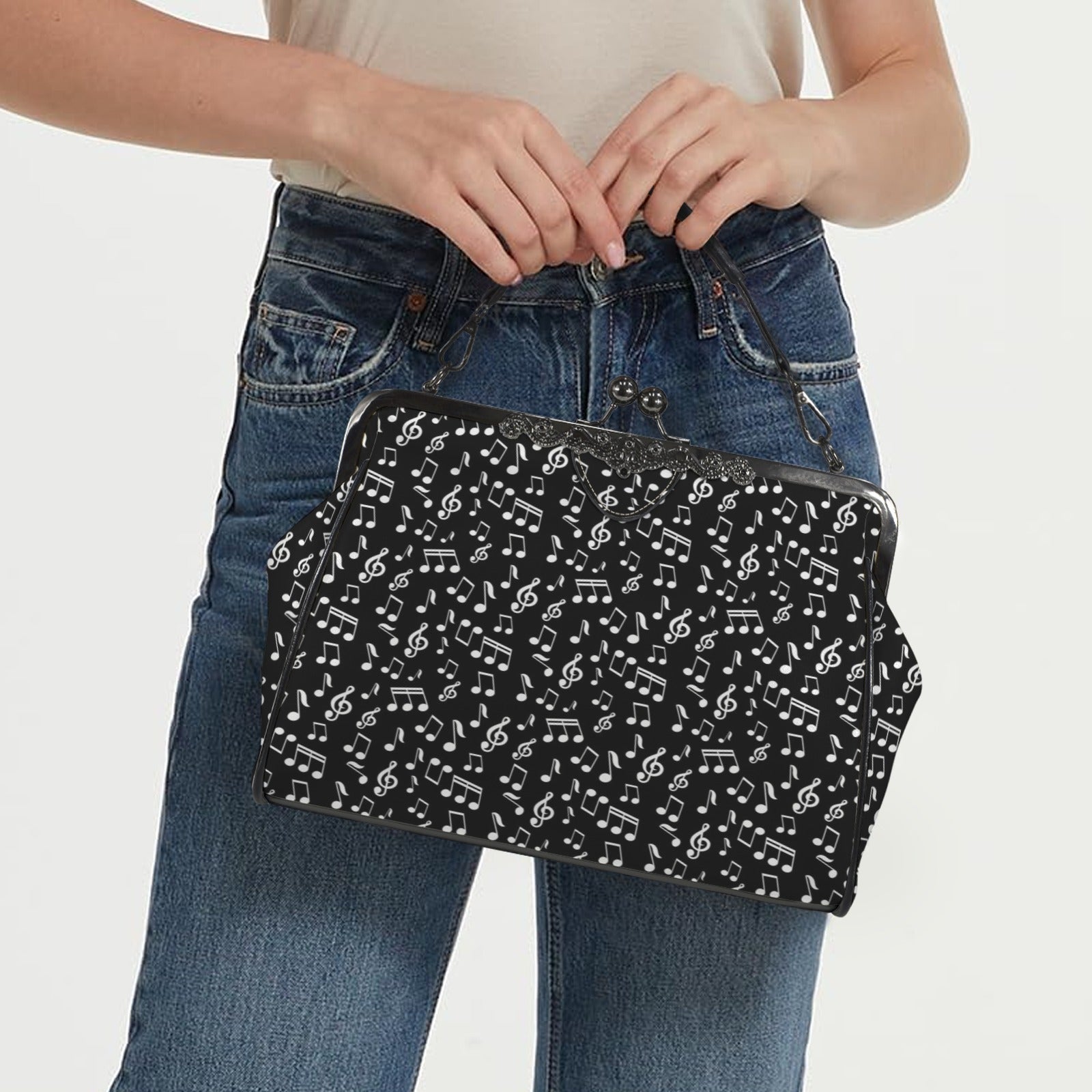 Classic Music Notes Kisslock Two-Way Handbag