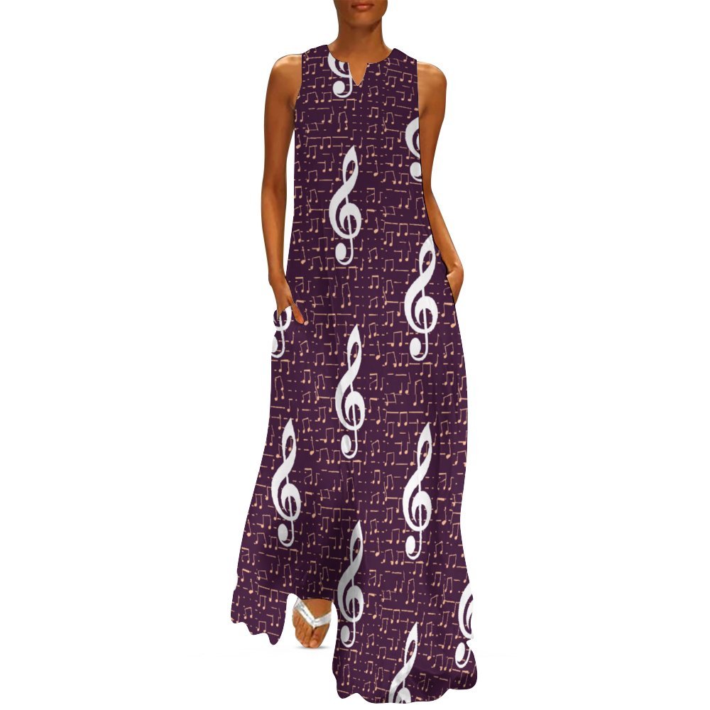 Purple & White Music Print Sleeveless Long Dress