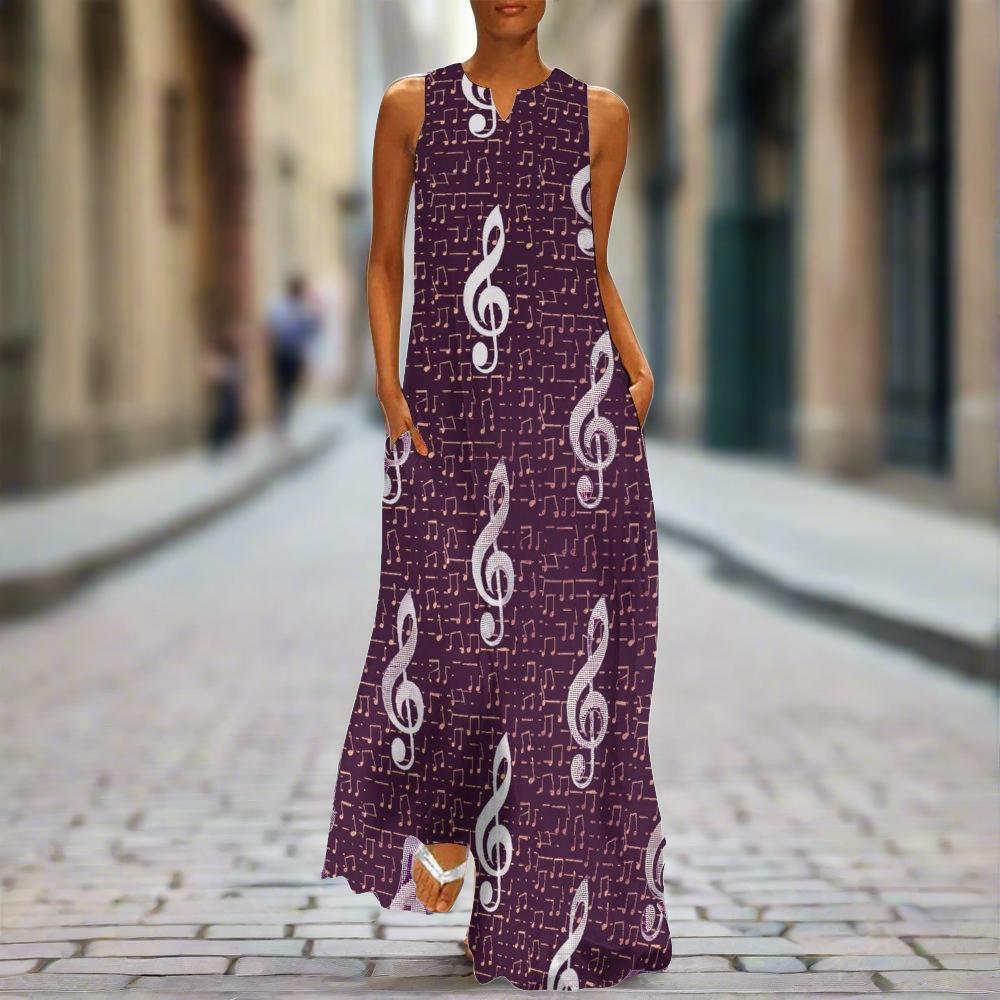 Purple & White Music Print Sleeveless Long Dress