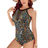 Colorful Tone Music High Neck Mesh Ruched Swimsuit