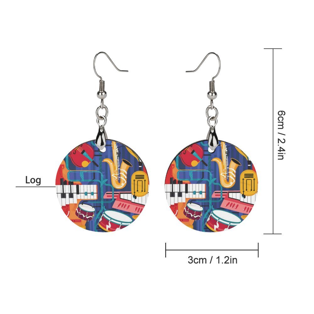 Musical Instruments Round Wooden Earrings