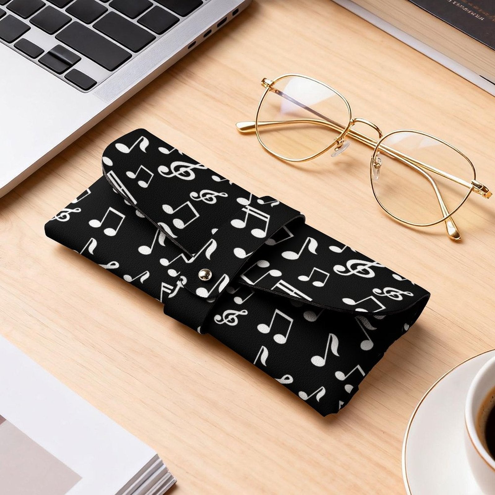 Music Notes Black PU Leather Glasses Case