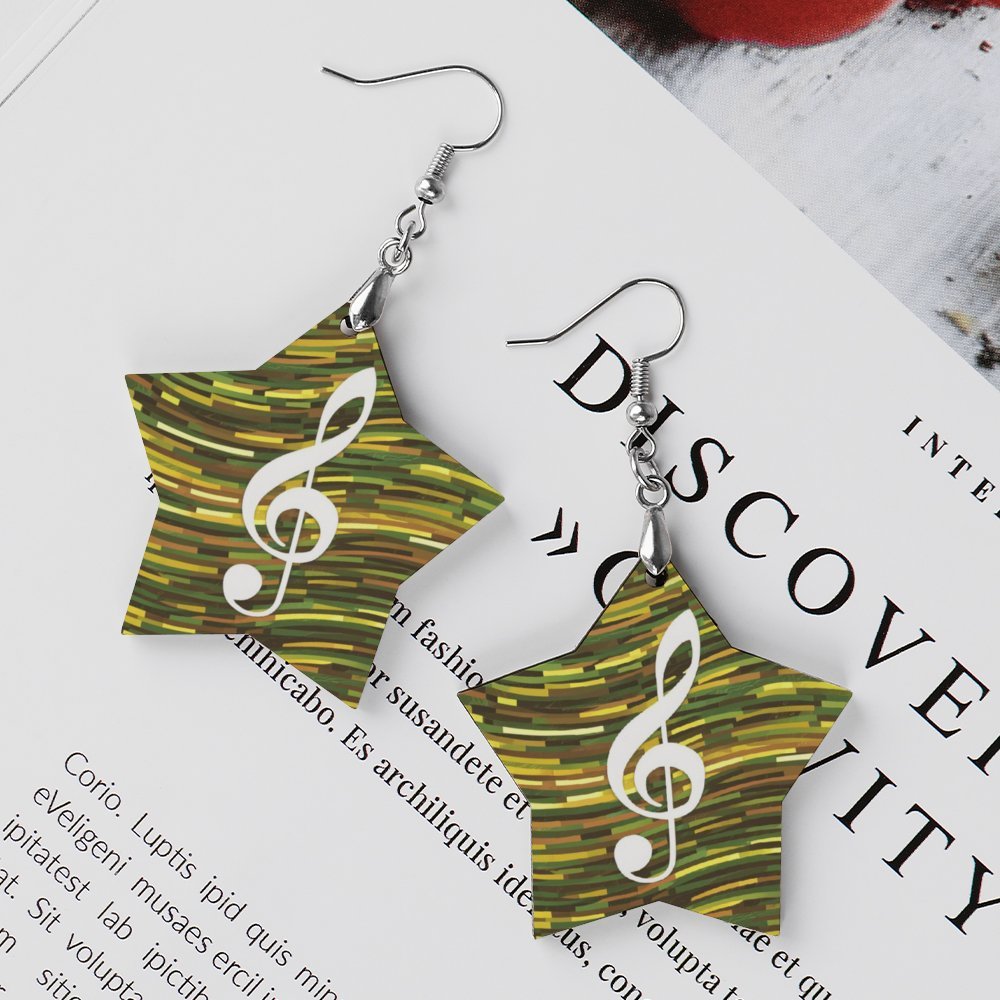 Green Music Star Shape Wooden Earrings
