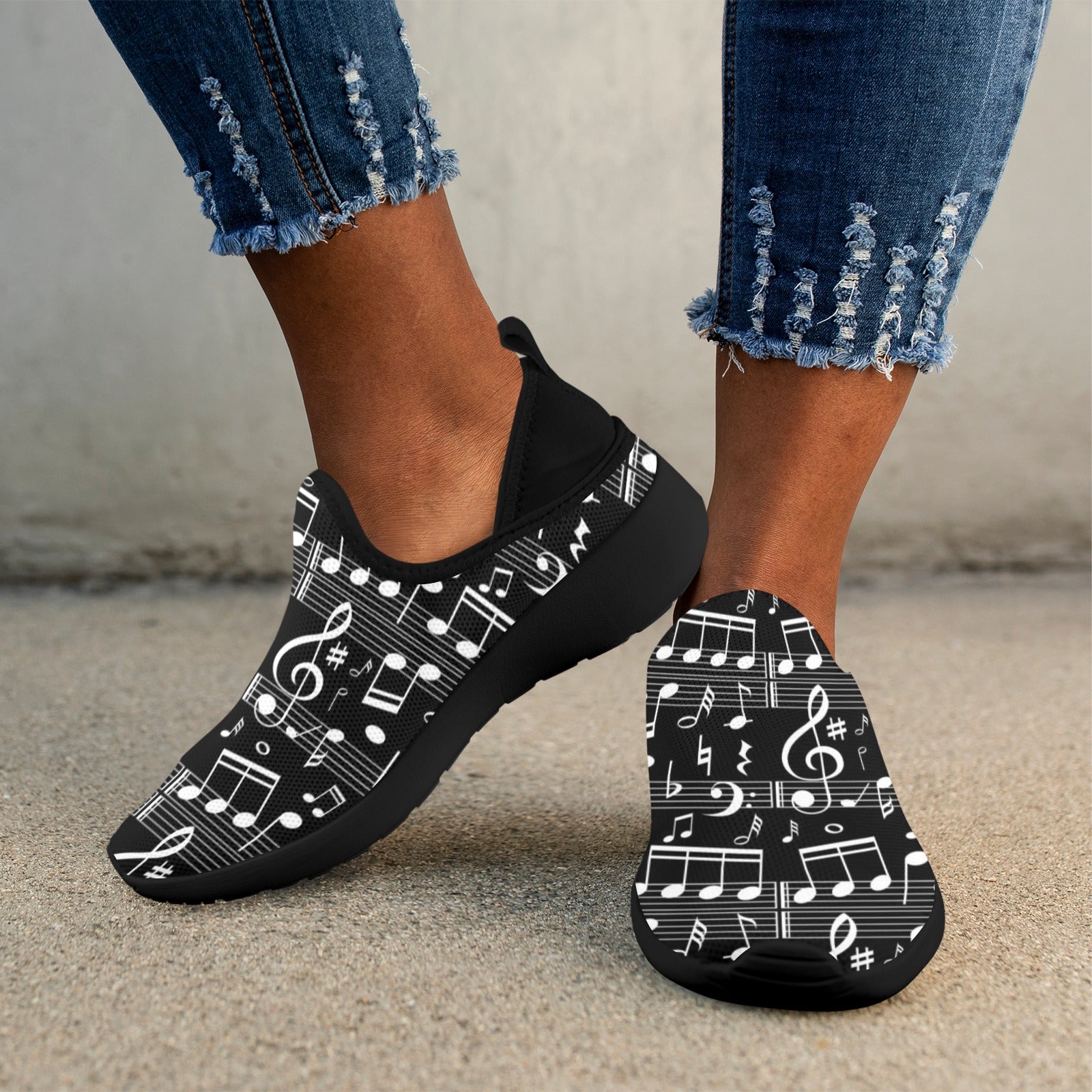 Random Music Black Fly Weave Women's Sneakers (Drop-in-Heel)