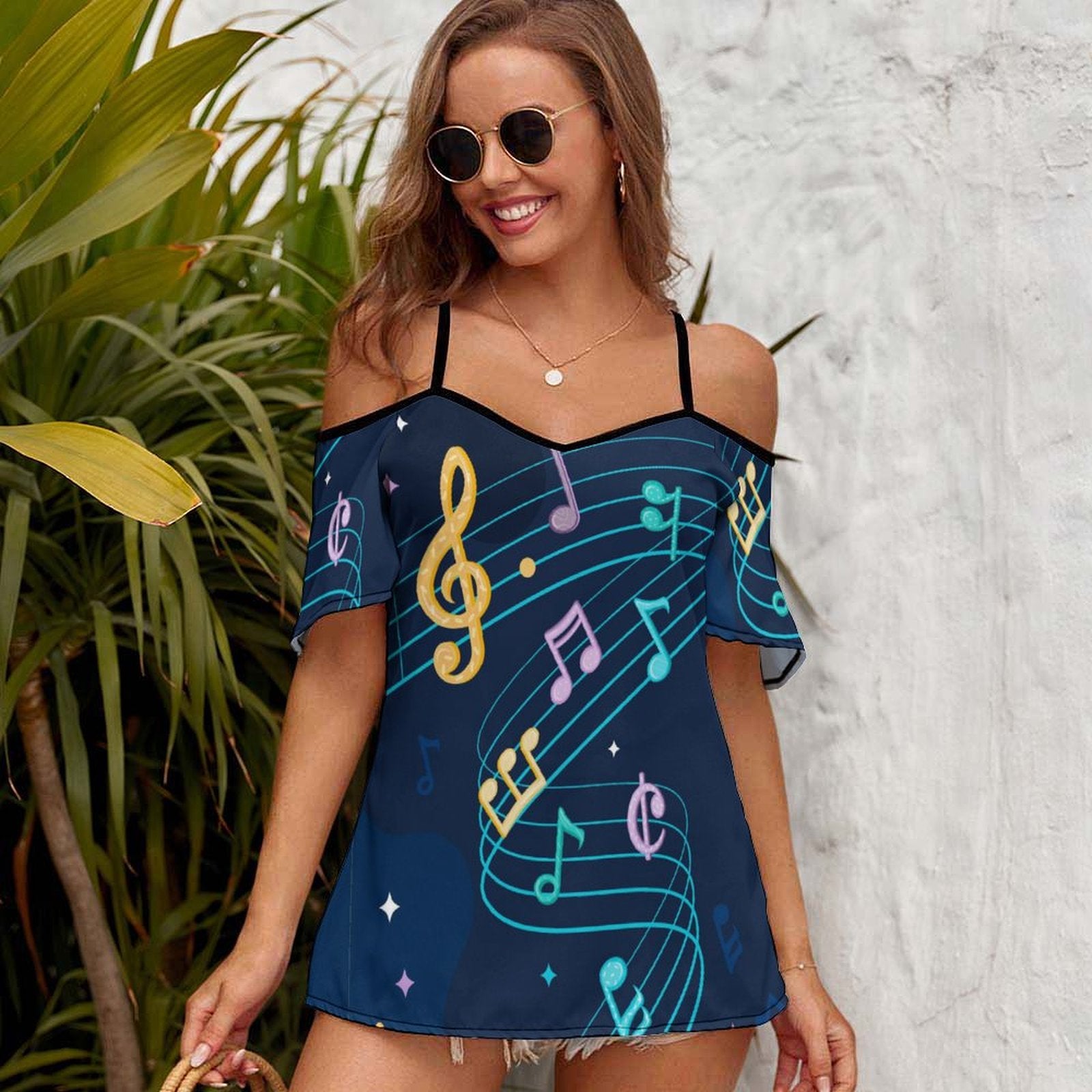 Blue Music Cold Shoulder Camisole Top