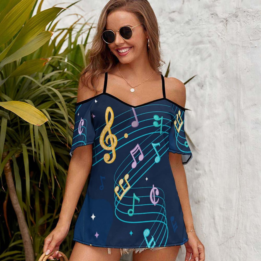 Blue Music Cold Shoulder Camisole Top