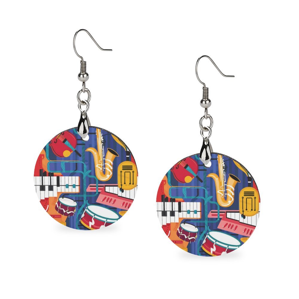 Musical Instruments Round Wooden Earrings
