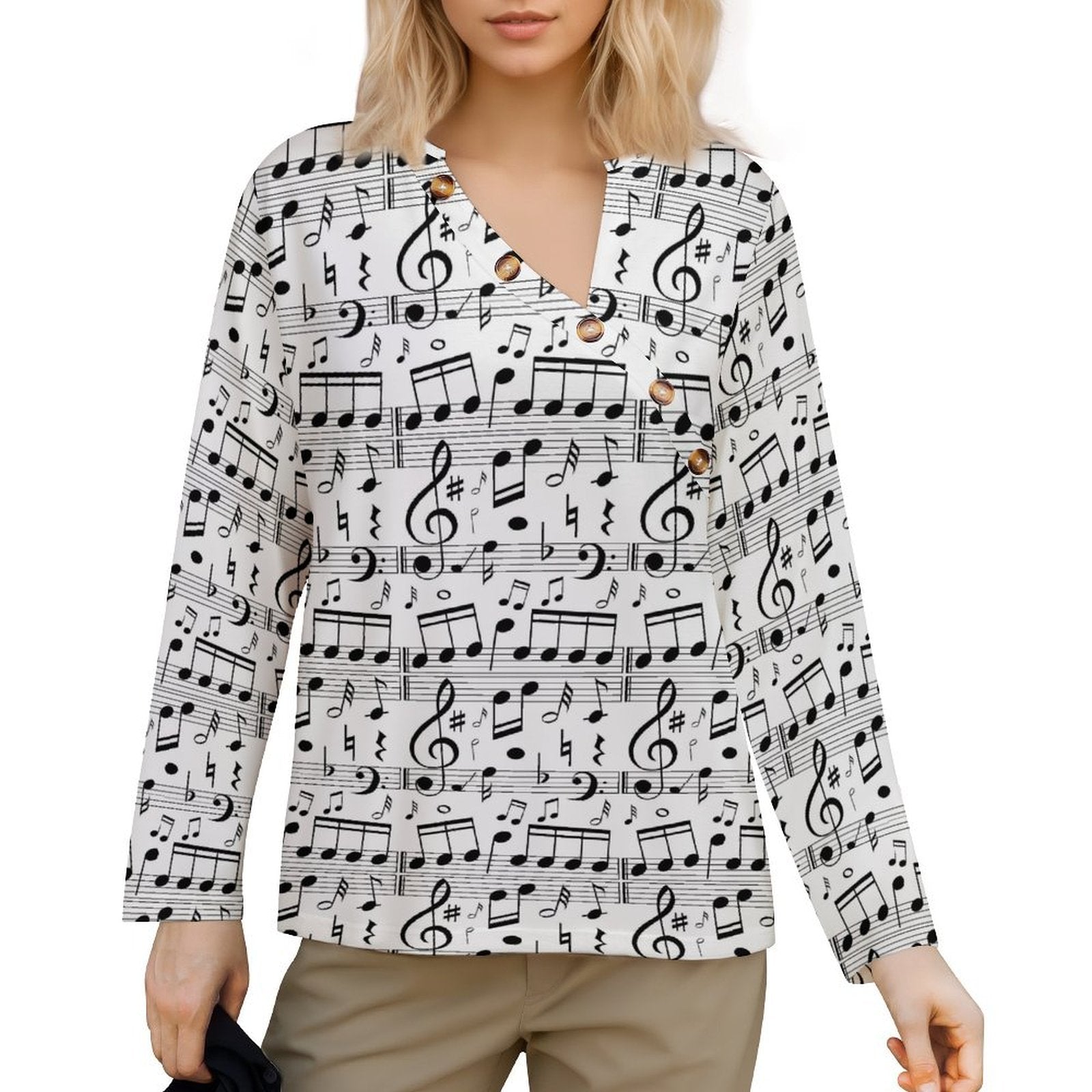 Music Print Asymmetrical Button-Up Shirt