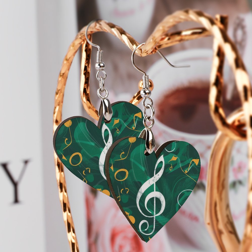 Music Green Heart Shape Wooden Earrings