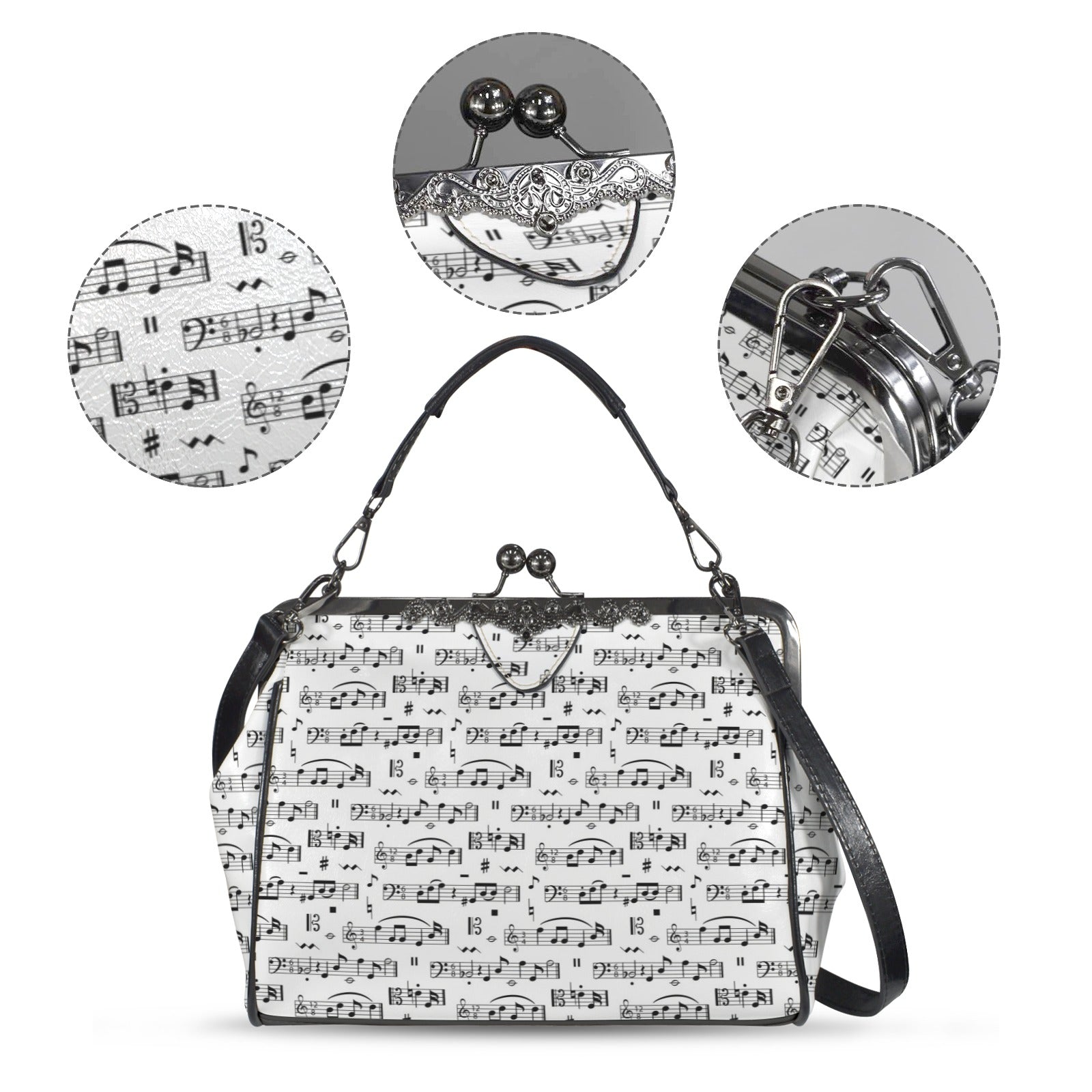 Music Pattern White Kisslock Two-Way Handbag