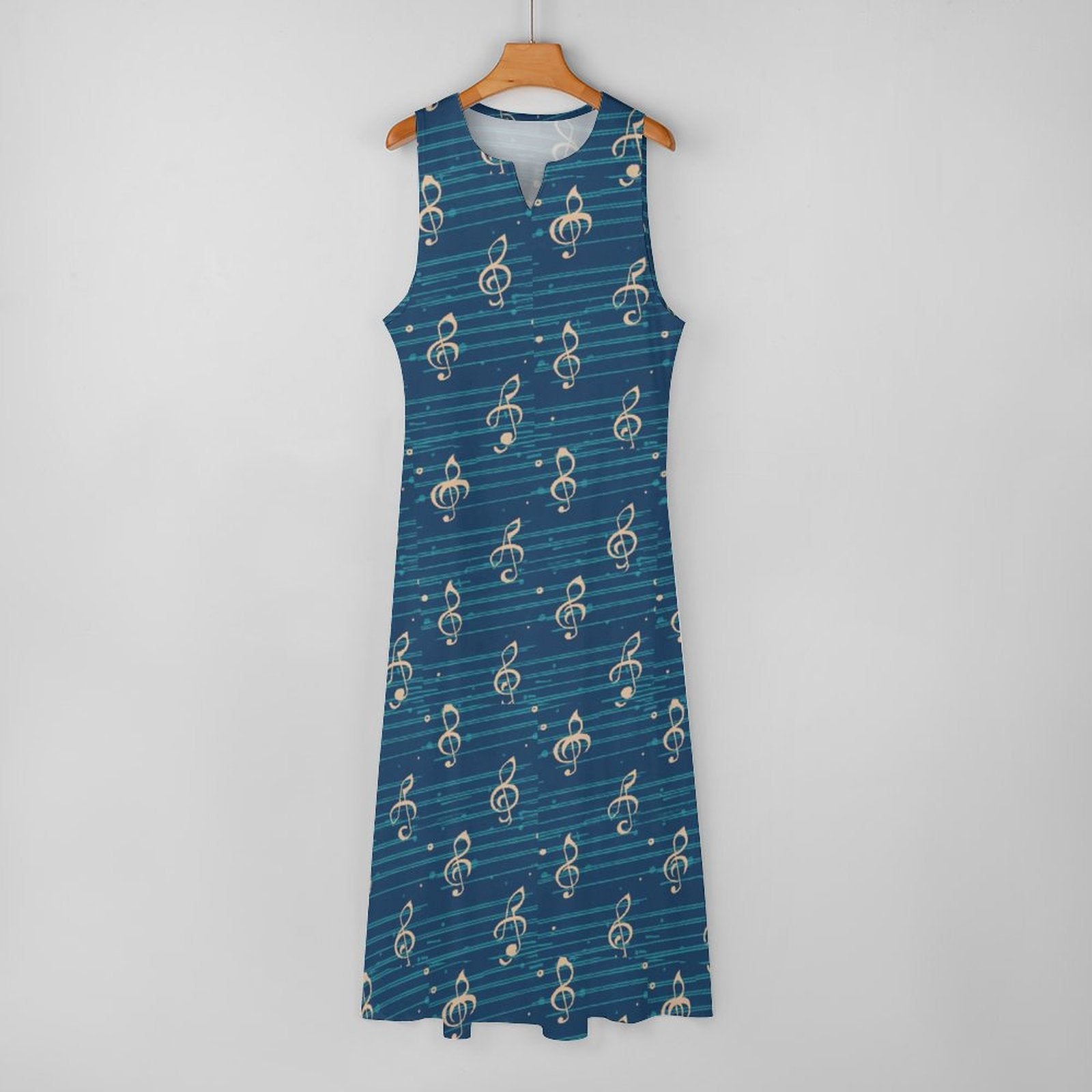 Music Notes Print Blue Sleeveless Long Dress