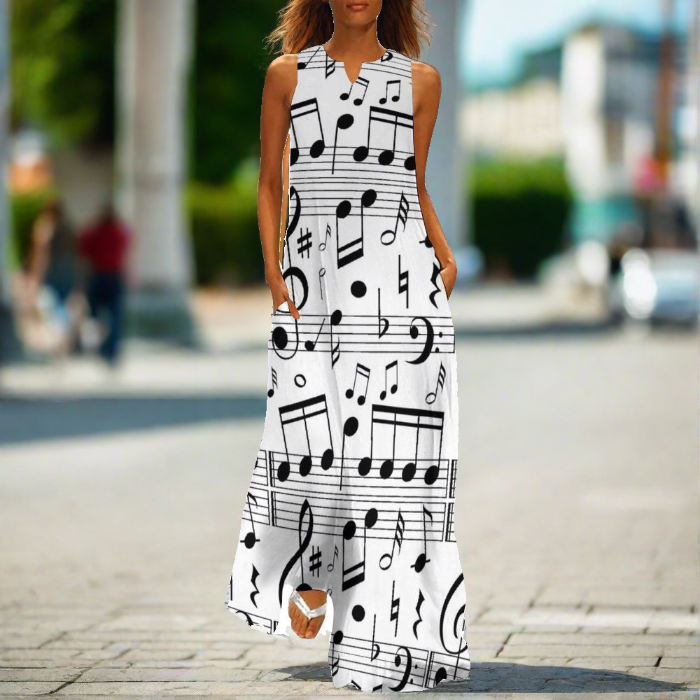 Classic Music Notes Sleeveless Long Dress