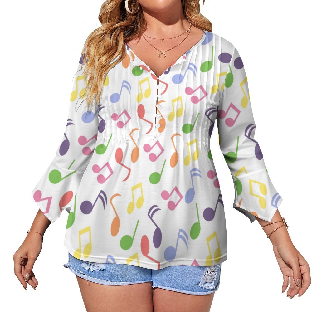 Music Rainbow Button Up Ruffled Petal Sleeve Top