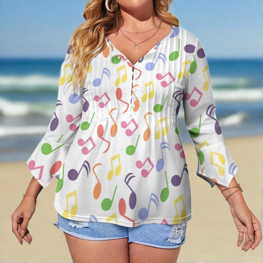 Music Rainbow Button Up Ruffled Petal Sleeve Top