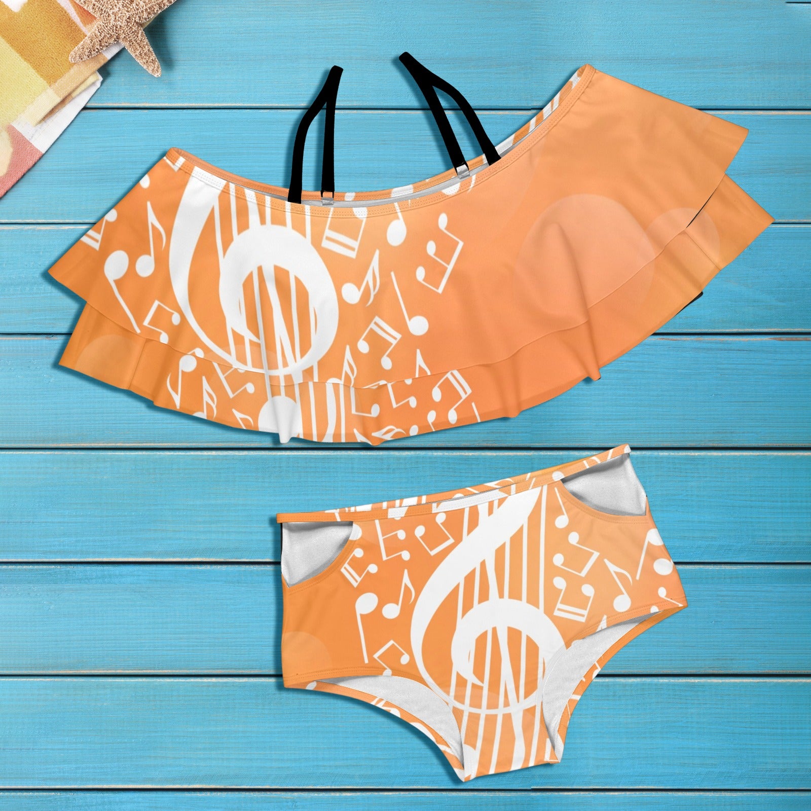 Orange Summer Music Ruffle Off Shoulder Bikini