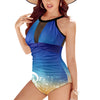 Big Treble Clef High Neck Mesh Ruched Swimsuit