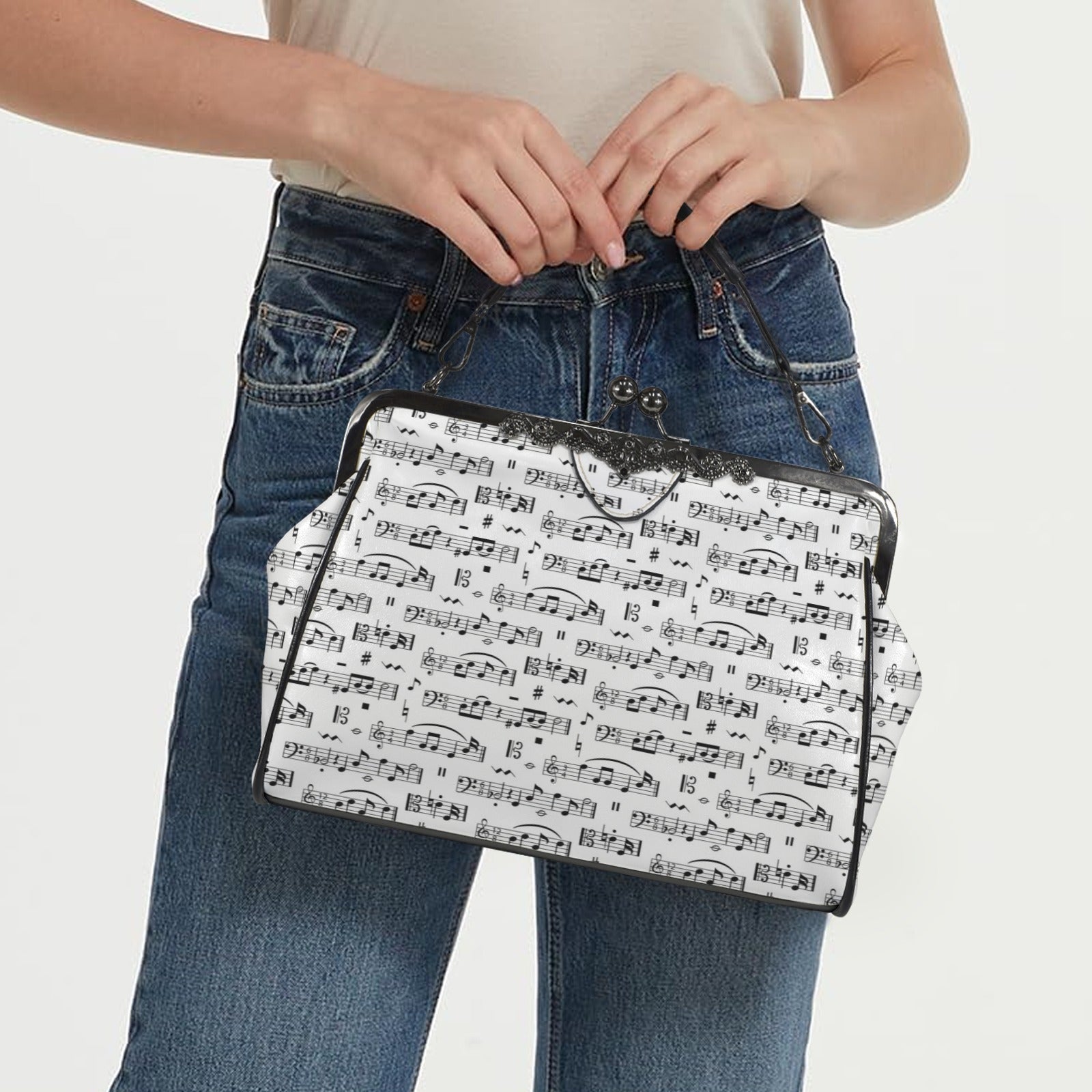 Music Pattern White Kisslock Two-Way Handbag