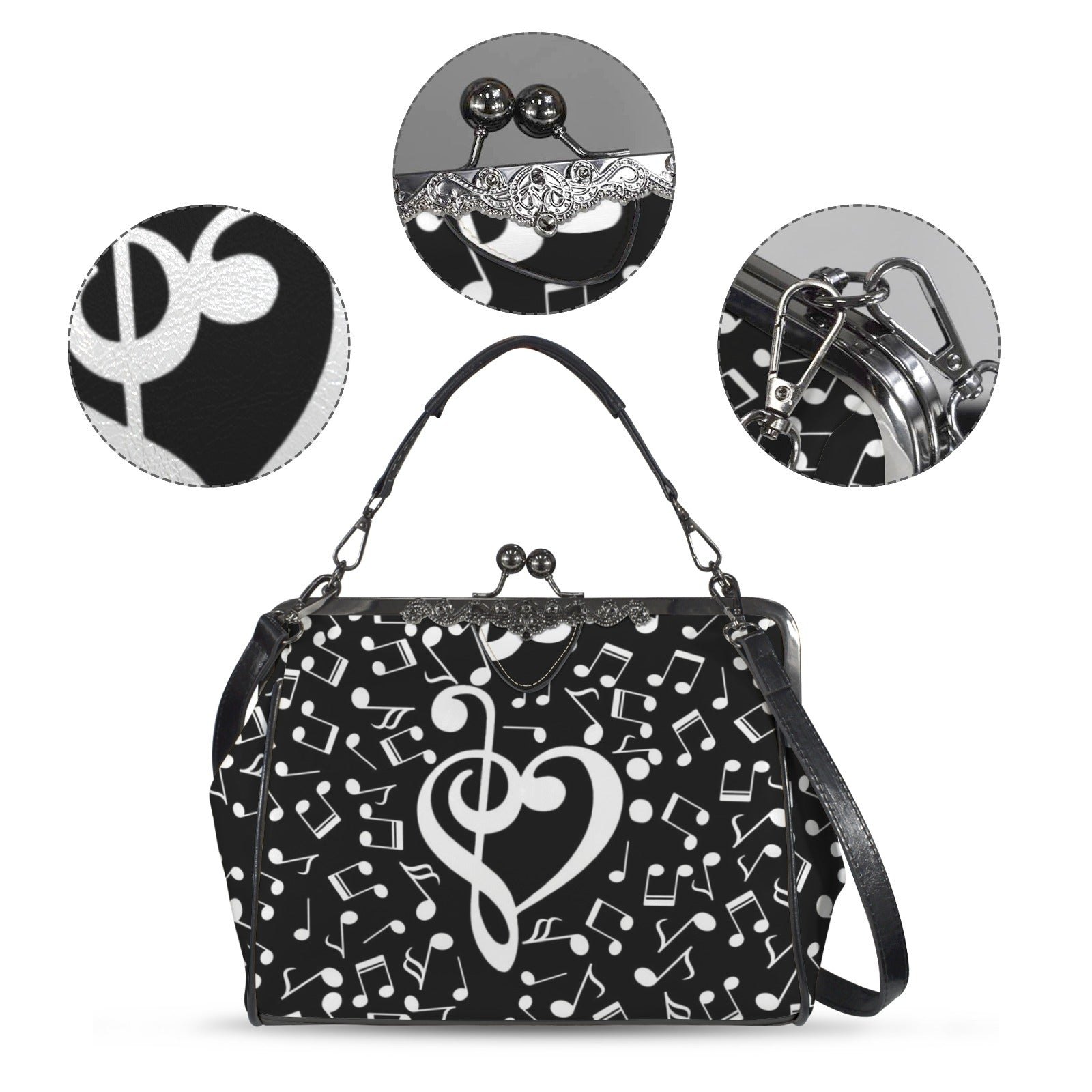 Music Notes Heart Kisslock Two-Way Handbag