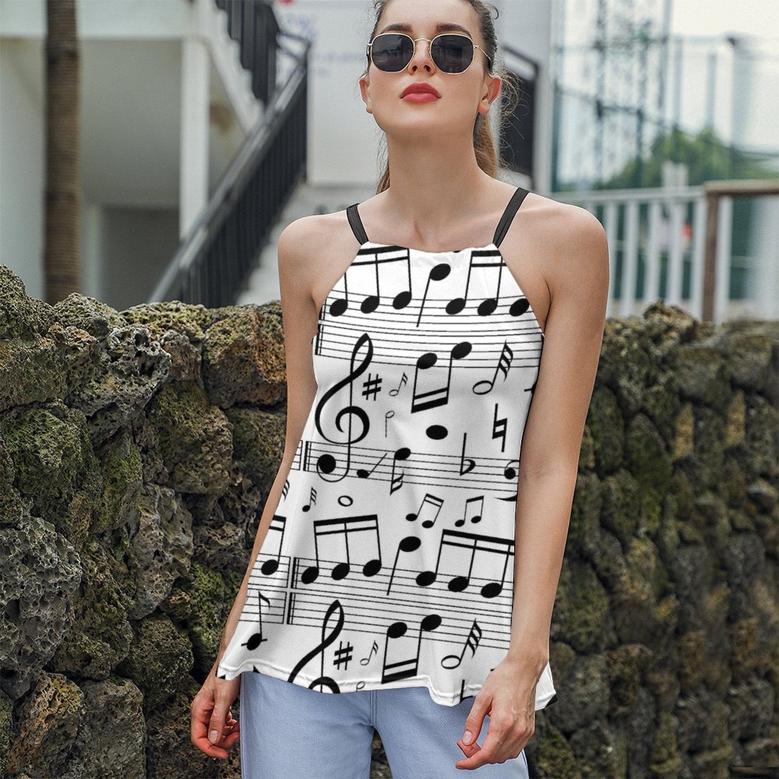 Music Notes Tie Neck Sleeveless Top