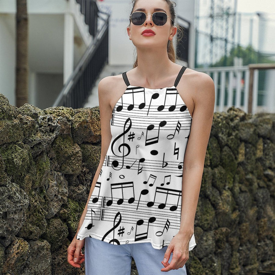 Music Notes Tie Neck Sleeveless Top