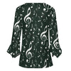 Green & White Music Button Up Ruffled Petal Sleeve Top