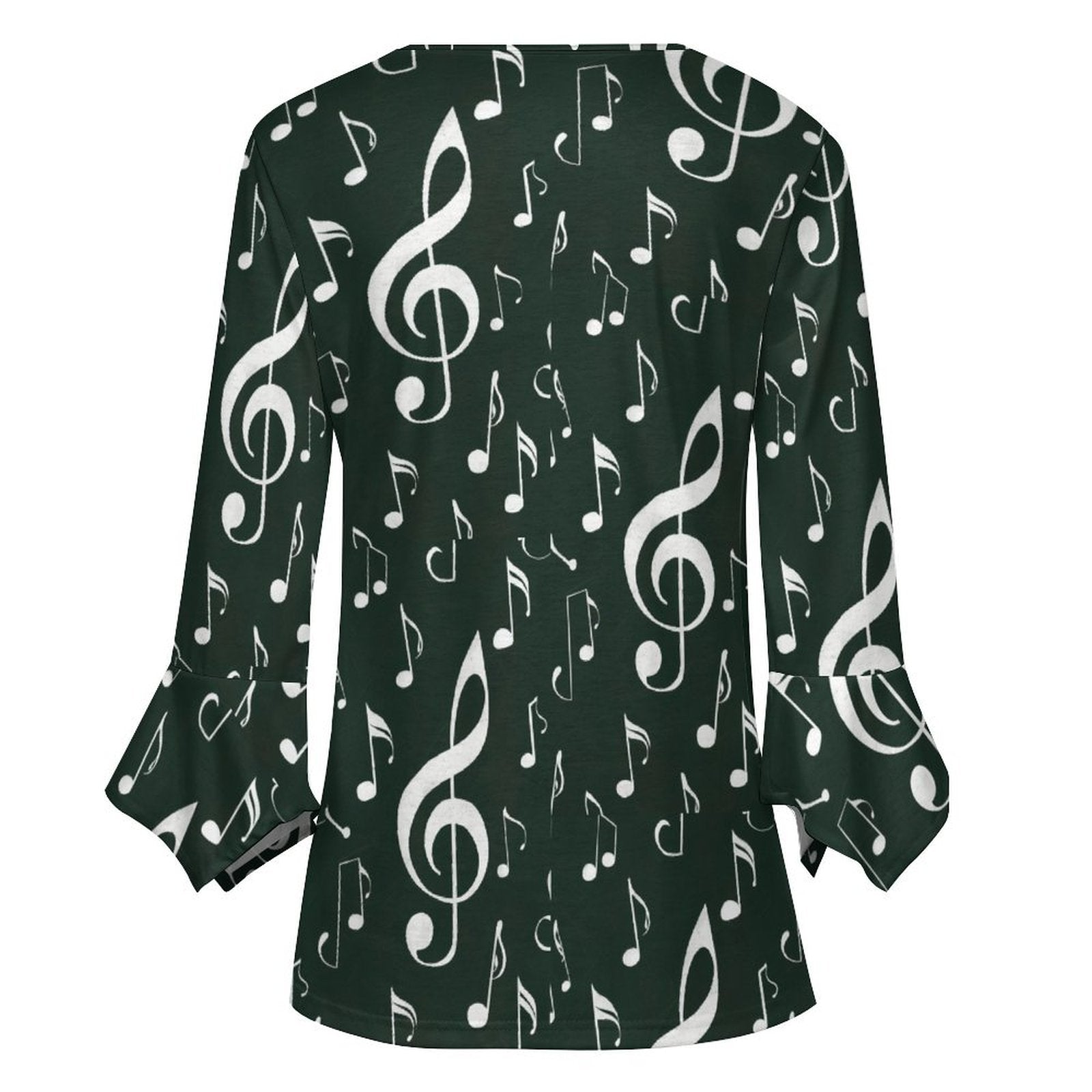 Green & White Music Button Up Ruffled Petal Sleeve Top