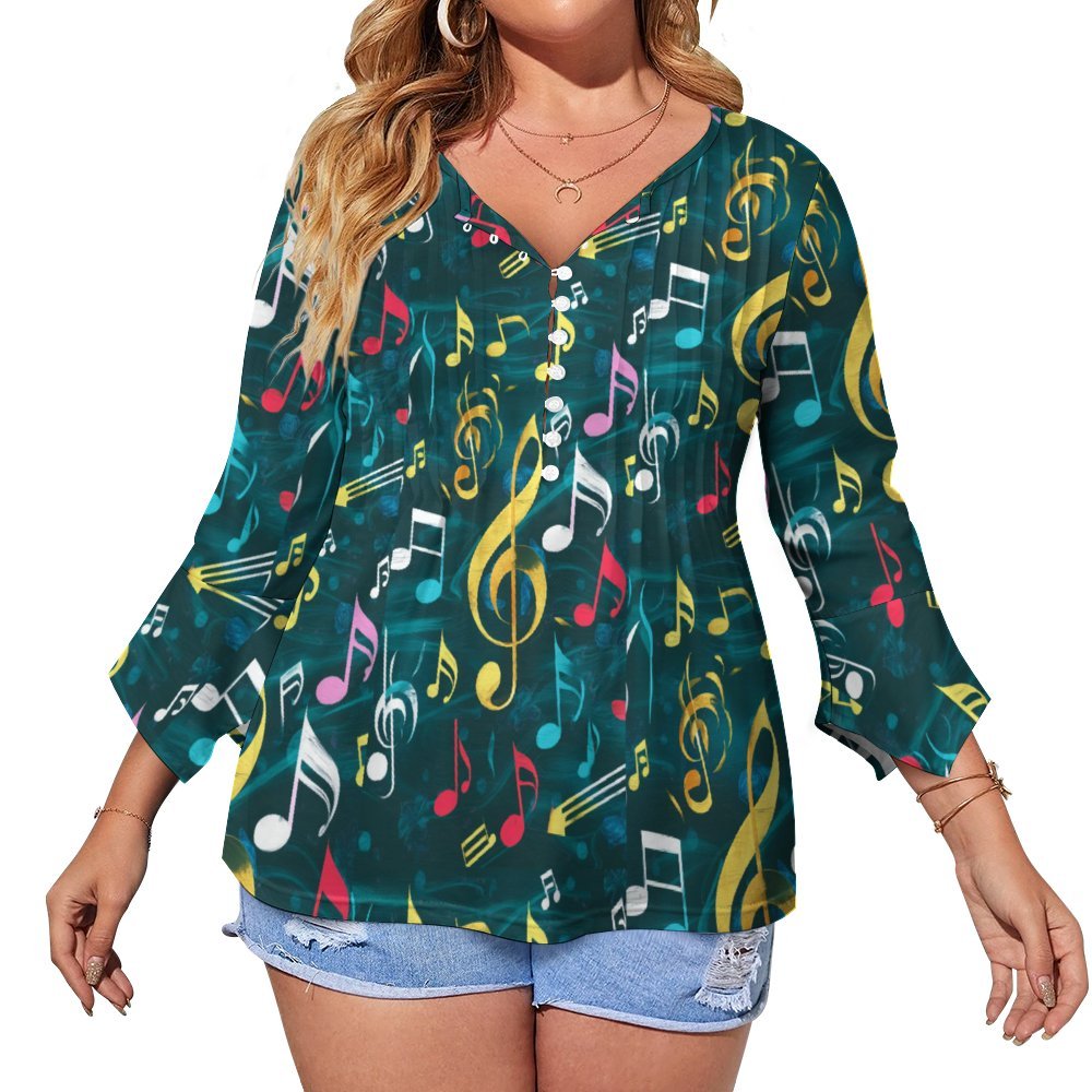 Rainbow & Jade Music Button Up Ruffled Petal Sleeve Top