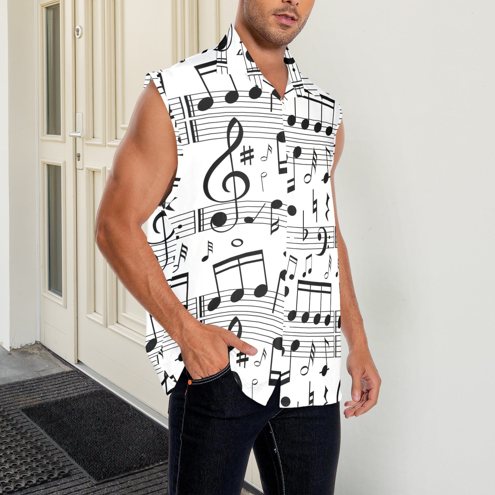 Music Notes White Men's Sleeveless Shirt
